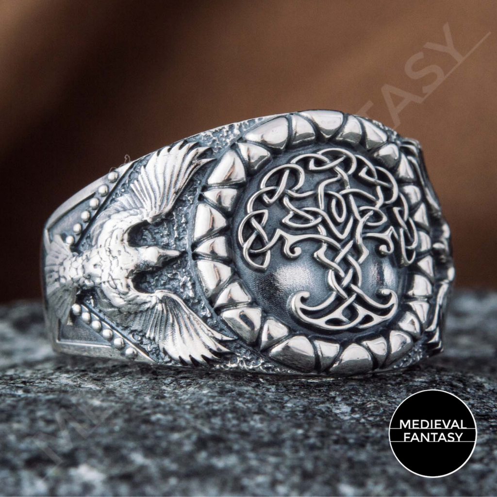BAGUE YGGDRASIL CORBEAUX ARGENT MASSIF