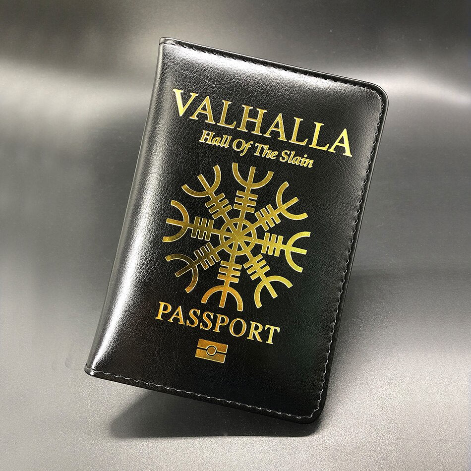 WLStore - Protector de pasaporte Valhalla - Viking Style Cuero PU Negro y Dorado - Accesorio de viaje mitológico con símbolo nórdico, dorado, 13.5, Casual