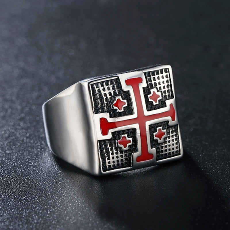 Anneau Croix De Jérusalem En Acier Inoxydable - Style Chevalier Templier Médiéval - Taille 7-13