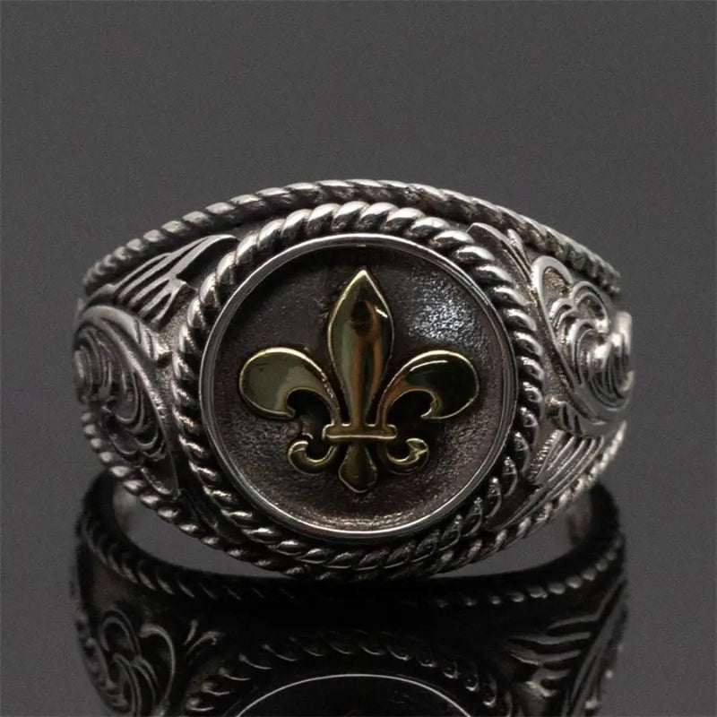 CHEVALIÈRE FLEUR DE LYS OR FAIT MAIN EN ARGENT 925