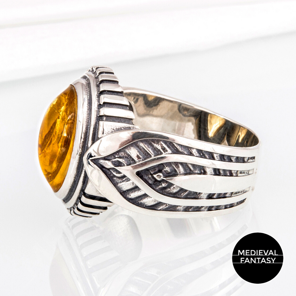 Bague Chevalière Homme En Argent 925 Avec Pierre Jaune - Poids 12,99gr, Occasion
