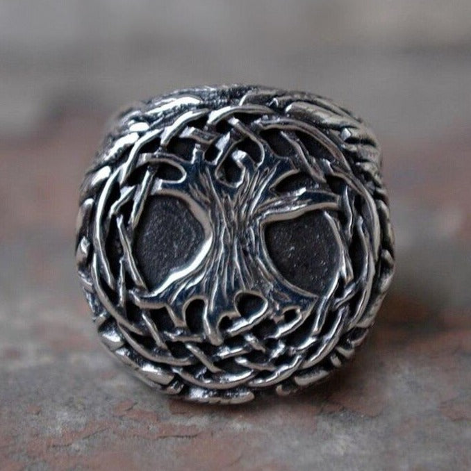 BAGUE VIKING <br> ARBRE MONDE FAIT MAIN EN ACIER INOXYDABLE - Medieval Fantasy