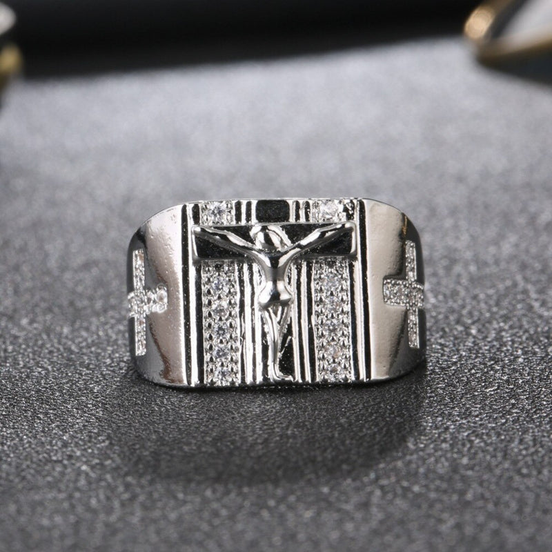 CHEVALIÈRE CHRIST PIERRES 14K FAIT MAIN EN ACIER INOXYDABLE